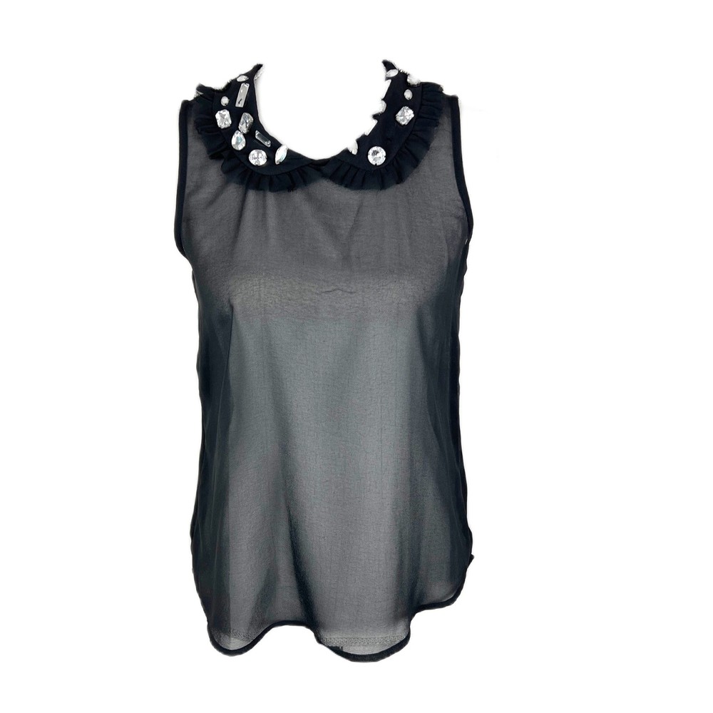 XOXO Blouse Women Small Black Beaded Peter Pan Collar Sleeveless Sheer Top